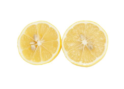 Two fresh lemon halves on white background. 