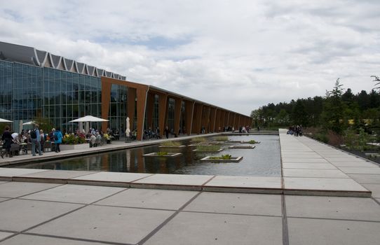 people near the water on the terras at the floriade world expo 2012 in Hollland