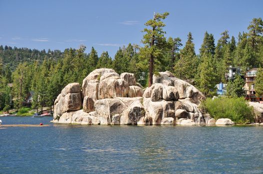 View of a small rocky island located on Big Bear Lake in Southern California.