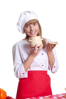 attractive woman keeps a pot of food, white background