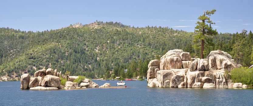 Panoramic view of picturesque Boulder Bay on Big Bear Lake. Located in the mountains of Southern California.