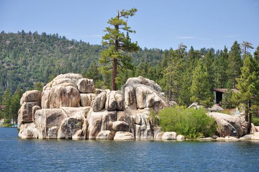 Rugged Boulder Bay Island is located on Big Bear Lake in the Southern California mountains.