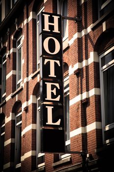 HOTEL sign over the entrance to the building