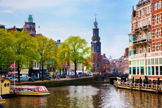 Amsterdam, Holland, Netherlands. Old town canal, boats.