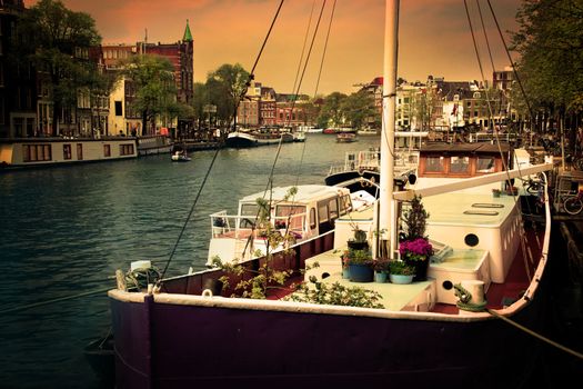 Amsterdam, Holland, Netherlands. Romantic canal, boats. Old town