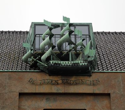 The ship sculpture on the building in The Hague (Den Haag), Netherlands 