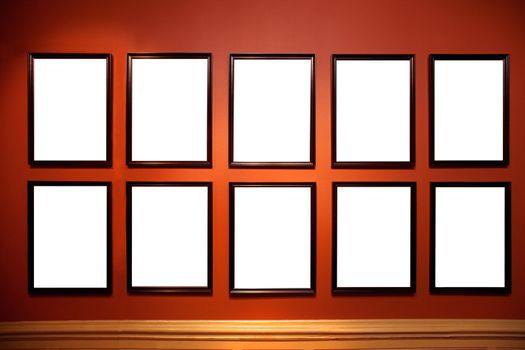 Art gallery, museum. Picture frames with blank empty white inside.