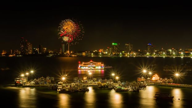 Fireworks at Pattaya bay Beach town of Thailand at night