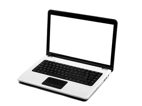 A white notebook with black keyboard and touchpad isolated on a white background with copy space in the screen.