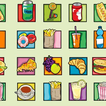 Classic clip art icons pattern with cheeseburger, pizza, beer, soda, coffee, lollipop, juice, croissant, french, fries, fruits, pop art retro graphics