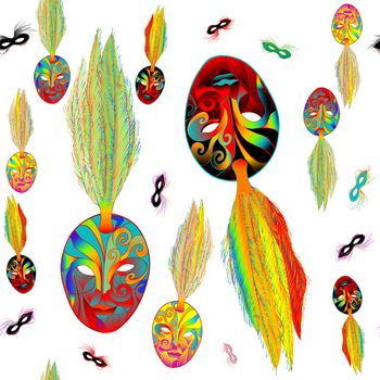 Mardi Gras psychedelic kitsch pattern with masks over white