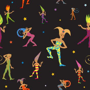 carnival pattern with funny kids dressed in harlequin costumes with fabulous hats over black