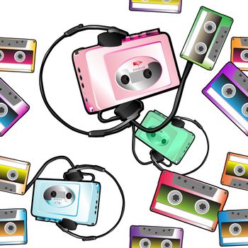 seamless audio tape pattern with audio player over white