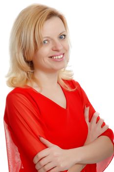 smiling woman in a red blouse with a white background