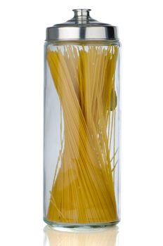 Jar from pasta on white background.