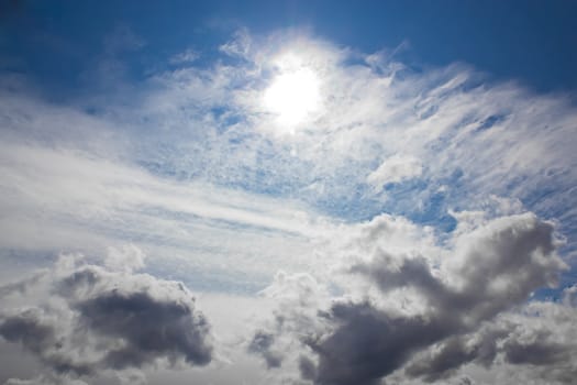 A picture of the sky, with different type of clouds and the sun