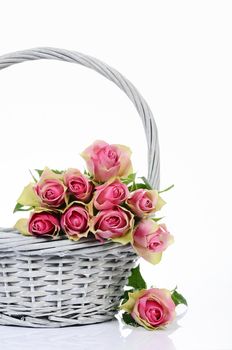 bouquet of pink roses in basket isolated on white background 