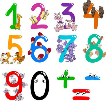 cartoon illustration of numbers from zero to nine with animals