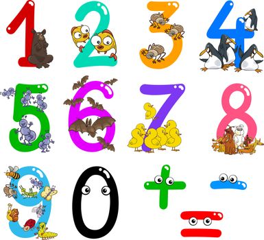 cartoon illustration of numbers from zero to nine with animals