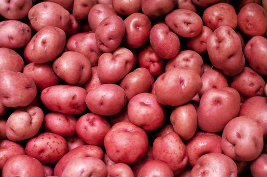 red potatoes in a pile on a farm stand