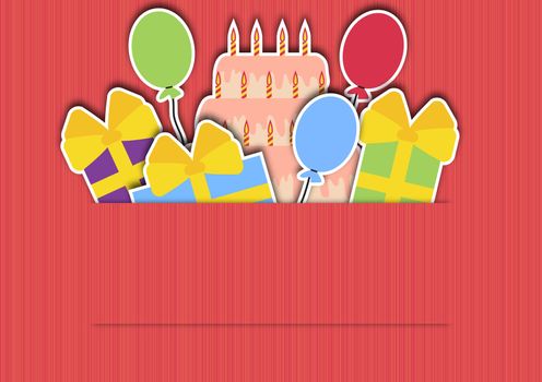 pink background with gifts balloons and a cake