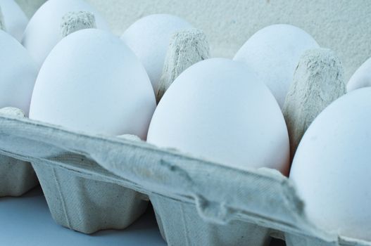 White eggs in the package close up