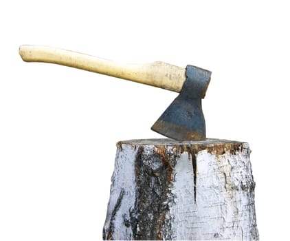 Axe and birch log on white background is insulated