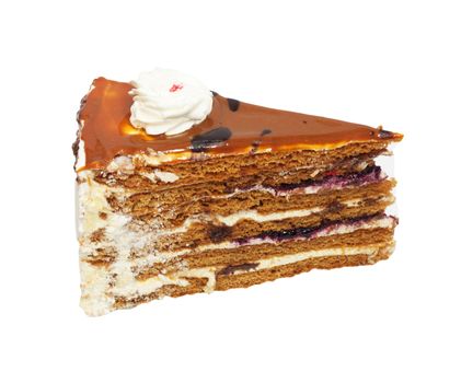 Slice of cream cake with chocolate on the white background 