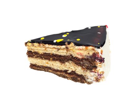 A piece of chocolate cake, isolated on a white background. 