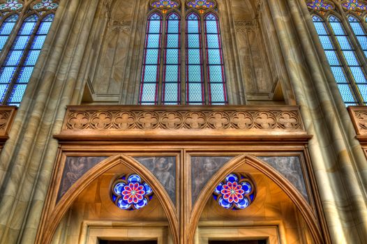 Arched ceiling with stained glass windows close up Berlin Germany HDR