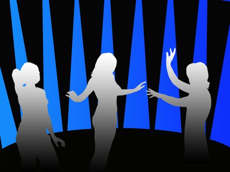 Silhouettes of four girls cheerfully dancing in a disco