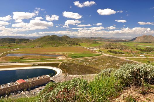 A small reservoir is part of scenic Winchester Valley near the town of Hemet, California.