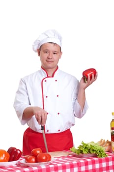 Handsome man cooking in the kitchen, white background