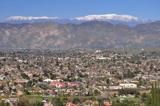 View of Hemet, California with snow-capped Mount San Gorgonio seen in the distance.