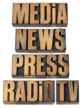media, news, press, radio and tv - a collage of isolated words in vintage letterpress wood type