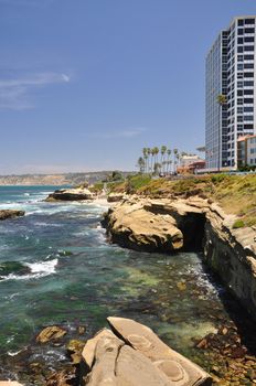 View of the rocky waterfront of La Jolla, California near San Diego.