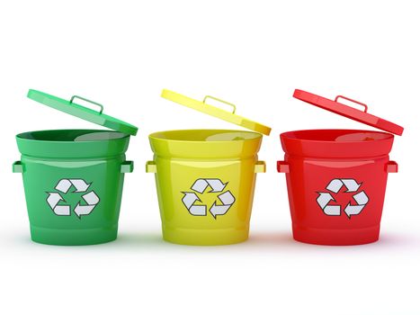 Colorful Recycle Bins Isolated - 3D render