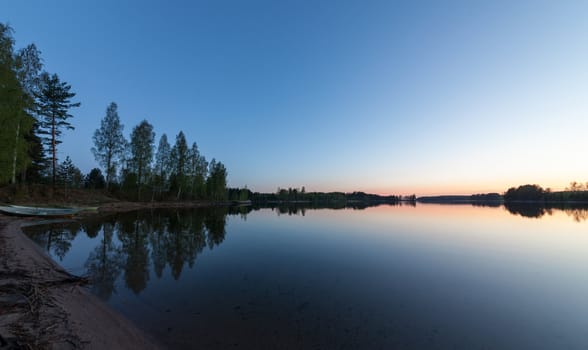 Blue Lake and Sky, sunrise, wide-angle