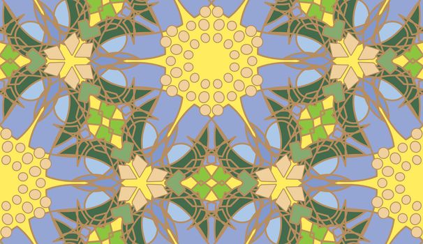 Seamless kaleidoscope pattern with floral shapes in background