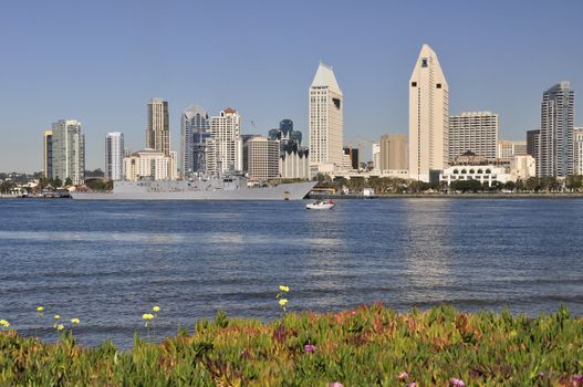 A U.S. Navy ship enters San Diego Harbor in Southern California.