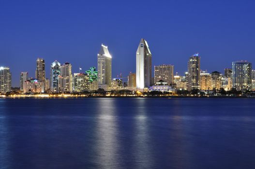 View of the San Diego, California skyline at night as seen from Coronado Island.