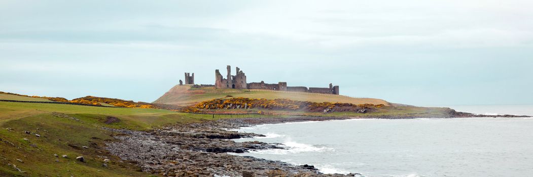 Panorama of Dunstanburgh castle with green meadow grass field Craster in Northumberland England UK
