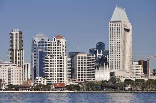 Skyscrapers line the shore along the waterfront in San Diego, California.