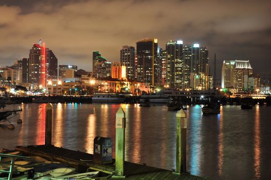 San Diego Harbor lights up at night in Southern California.