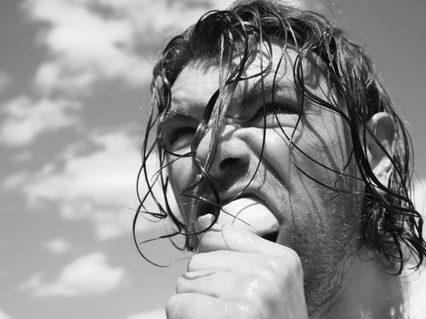 tired athlete removes mouth guard