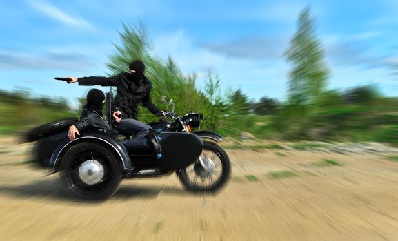 Two armed men riding a motorcycle with a sidecar. Motion blur.