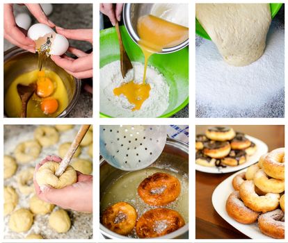 Donuts making collage. Six photos.