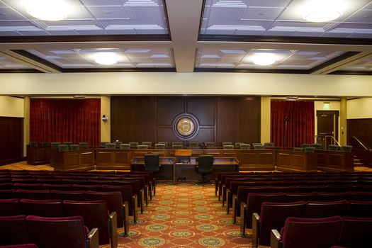 Wide view of the auditorium at the idaho state capitol in boise idaho.