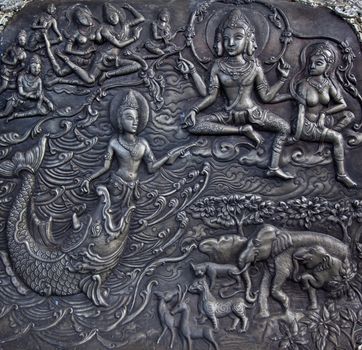 Carved stone at erawan museum,Thailand