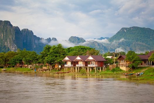 Village and mountain in Vang Vieng, Laos